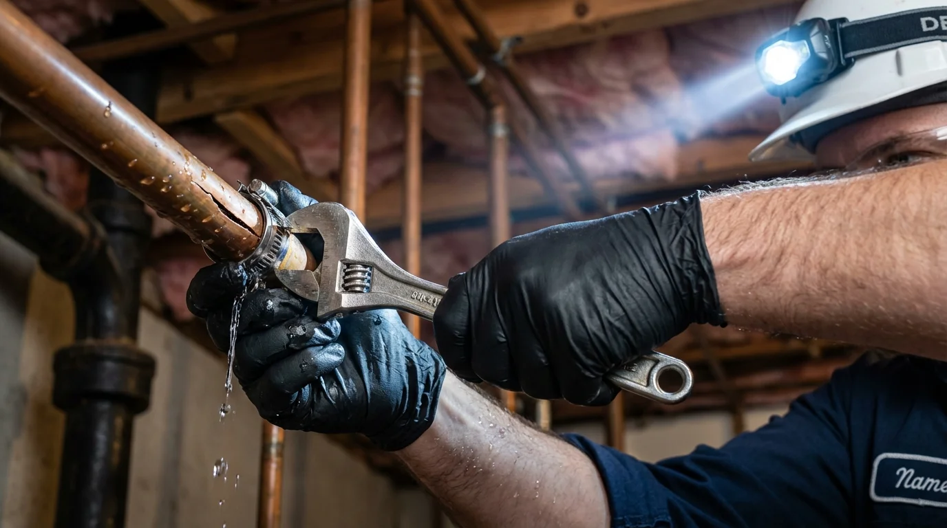 Emergency pipe clamp repair being performed by a Johns Plumbing LLC plumber in Madill